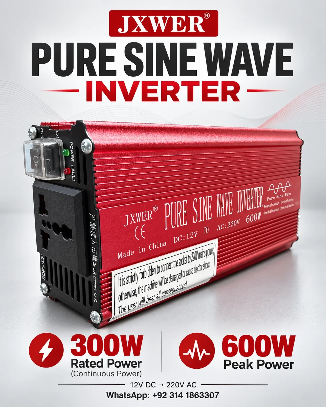 JXWER 300W Pure Sine Wave Inverter (600W Peak) — Product overview