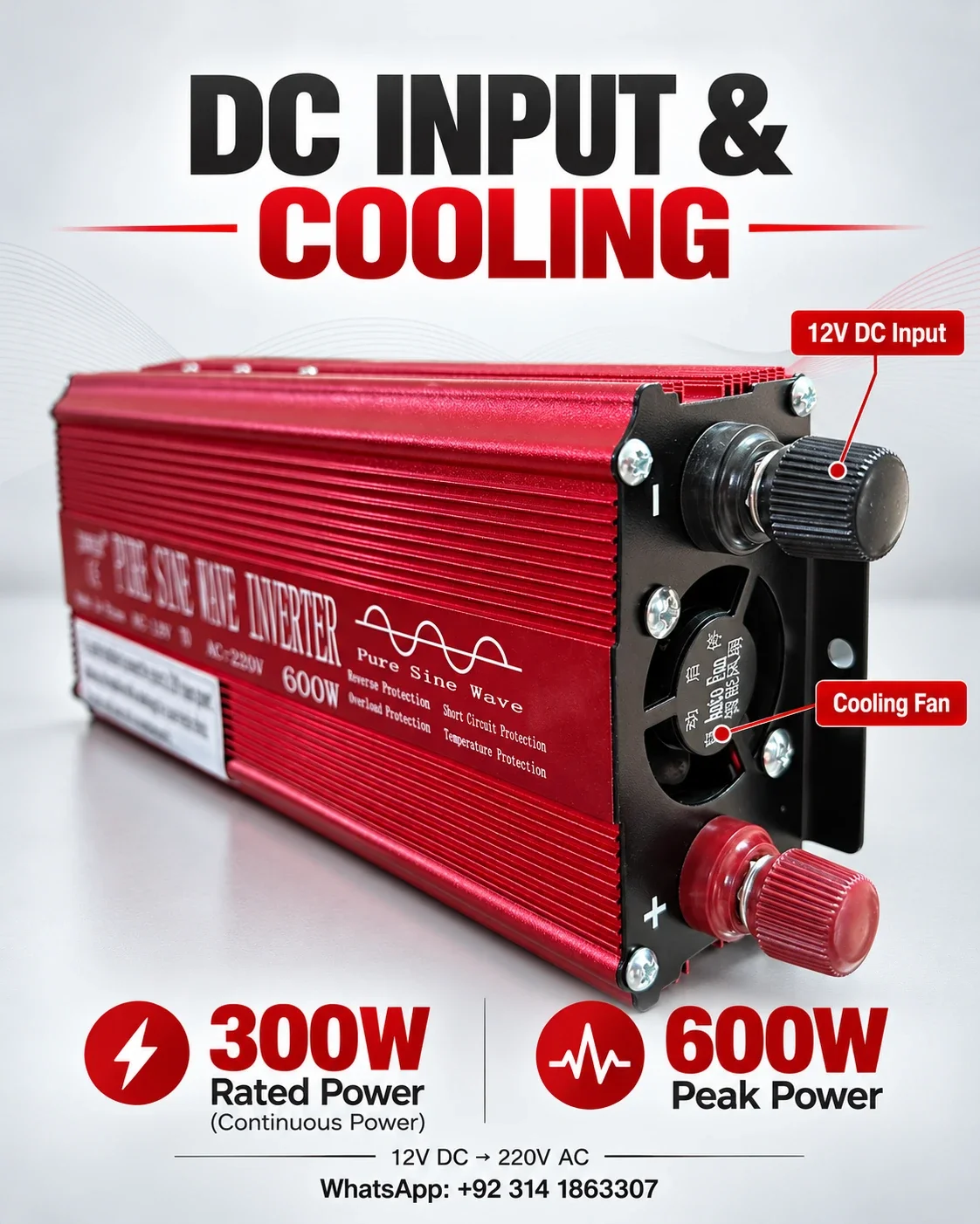 JXWER 300W Pure Sine Wave Inverter (600W Peak) — DC input and cooling fan