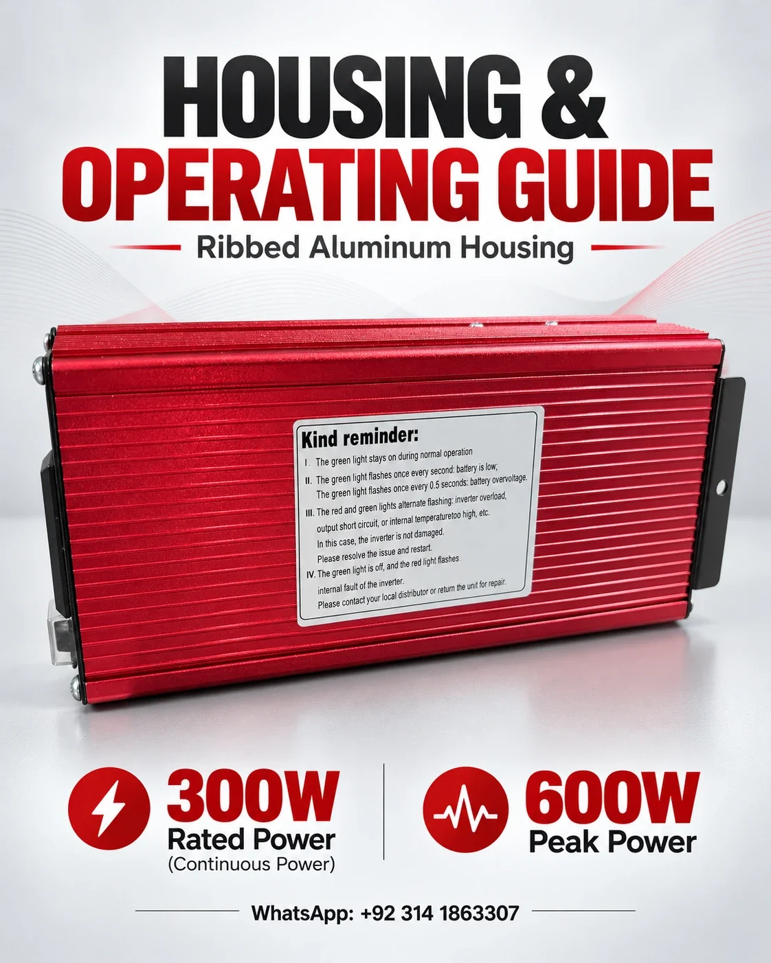 JXWER 300W Pure Sine Wave Inverter (600W Peak) — Housing and operating guide