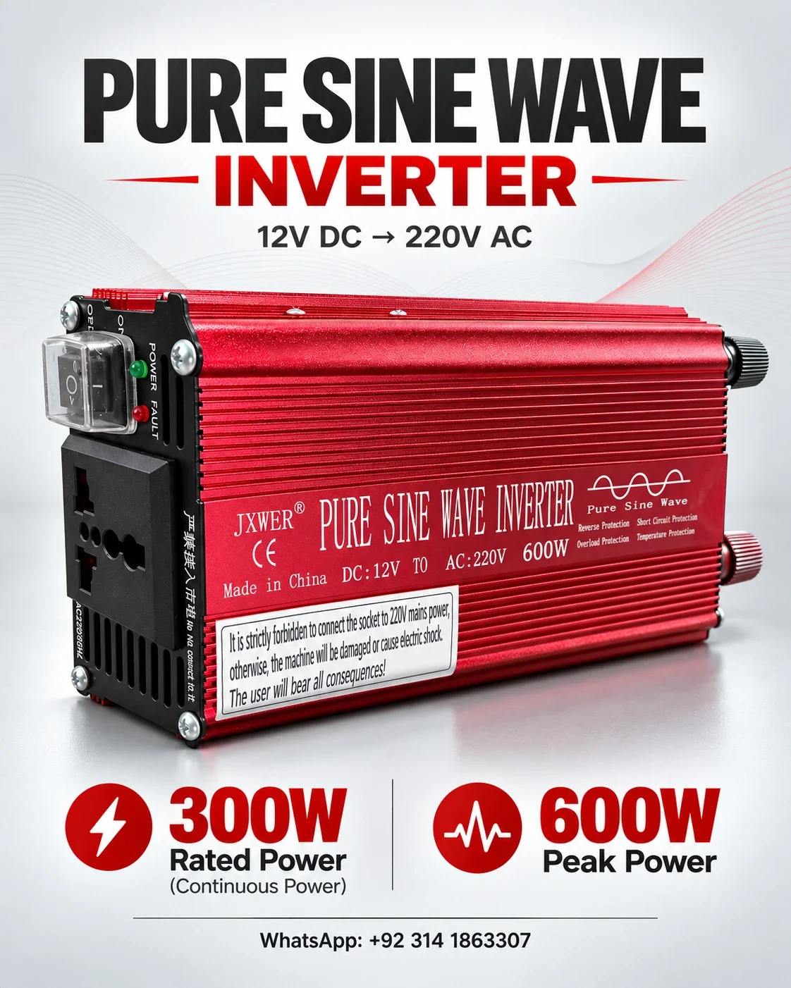 JXWER 300W Pure Sine Wave Inverter (600W Peak) — Side view and power ratings