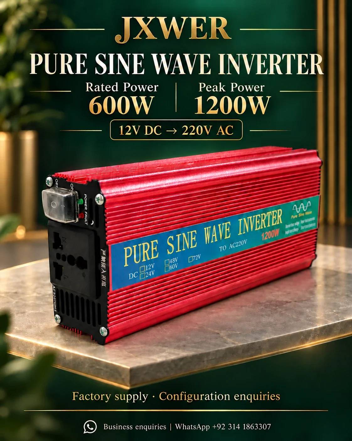 JXWER 600W Pure Sine Wave Inverter (1200W Peak) — Product overview