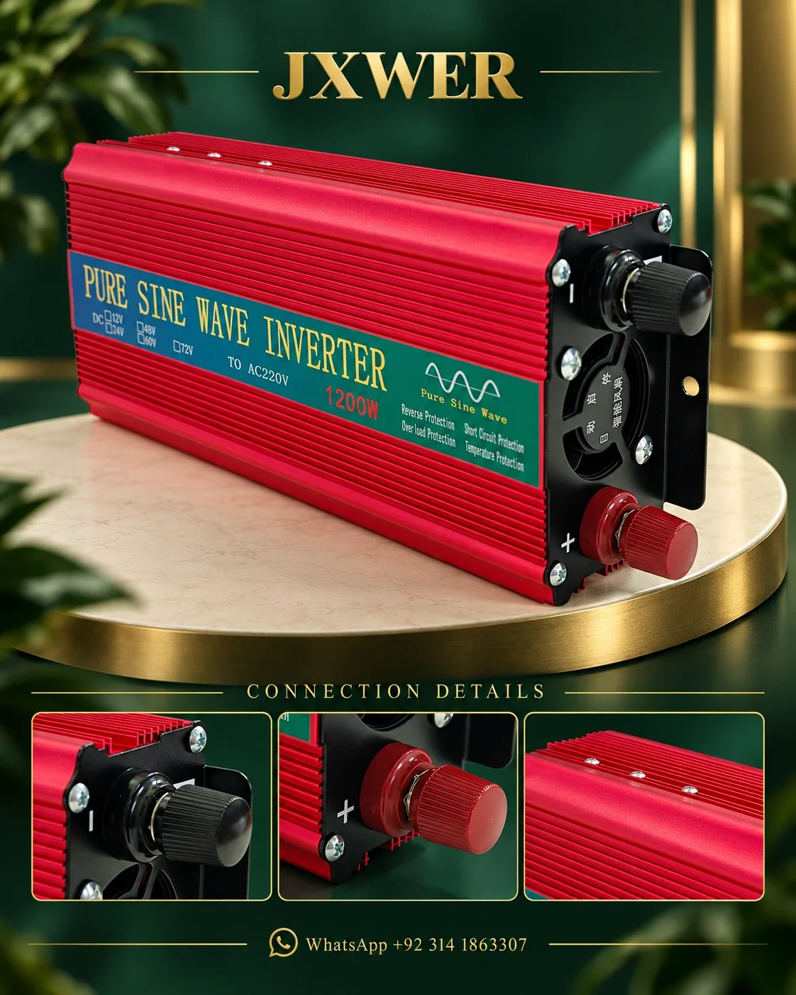 JXWER 600W Pure Sine Wave Inverter (1200W Peak) — Connection details