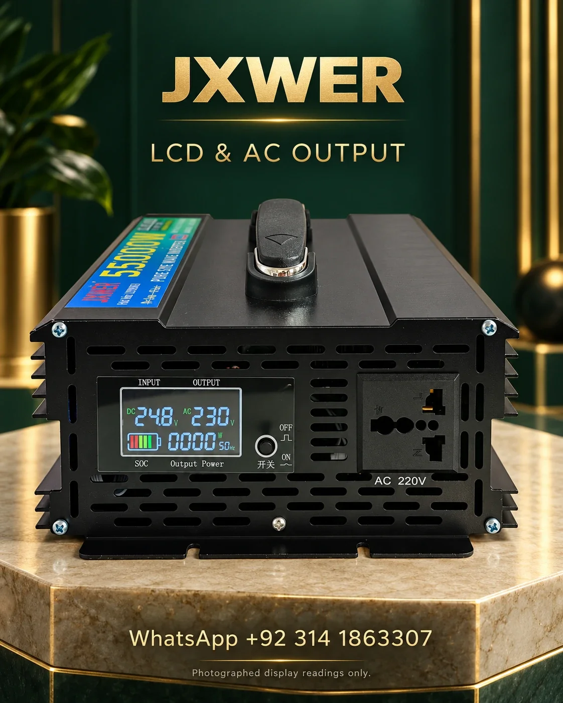 JXWER 2500W Pure Sine Wave Inverter (5500W Peak) — LCD and AC output